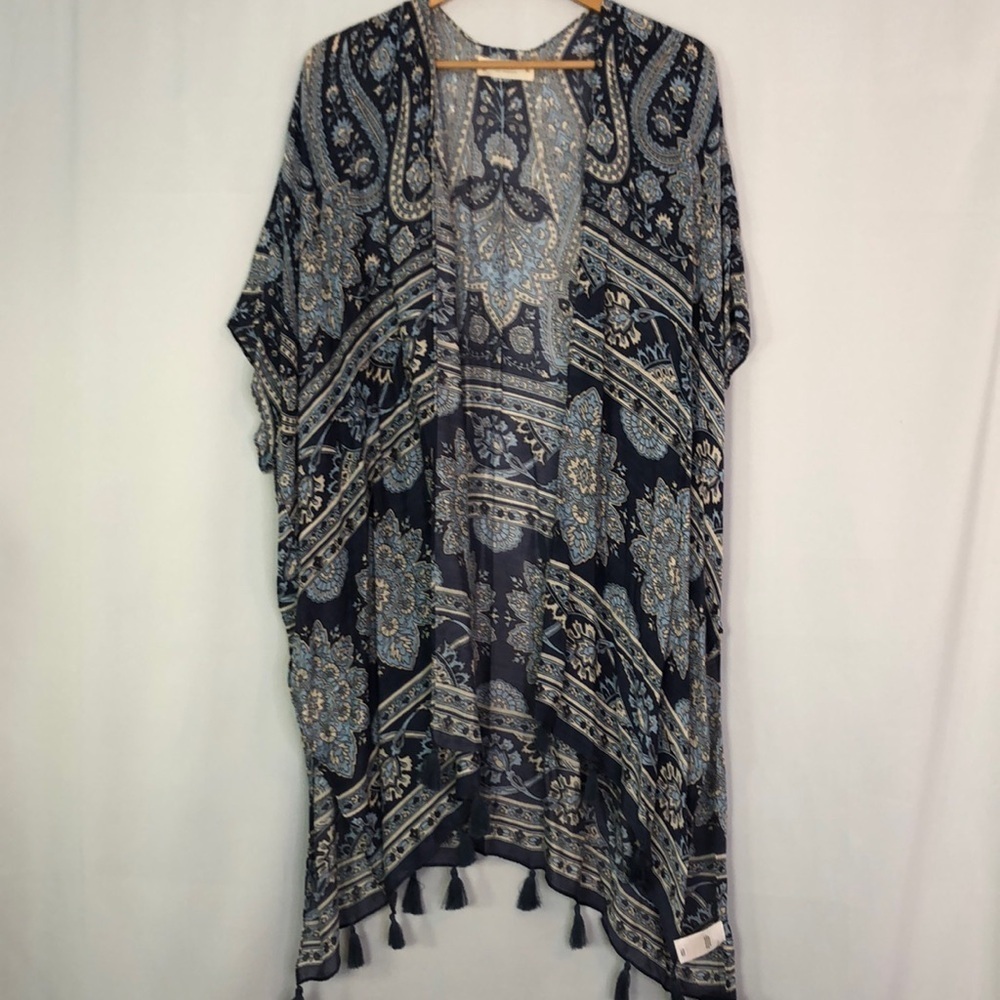 Lucky Brand Woman Kimono Cover Up Floral Tunic Tassel Blue Size OS